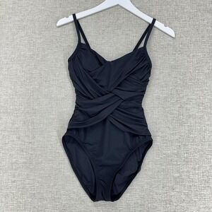 La Blanca Island Goddess Swimsuit‎ Womens 4 Black One Piece Ruched Tummy Control